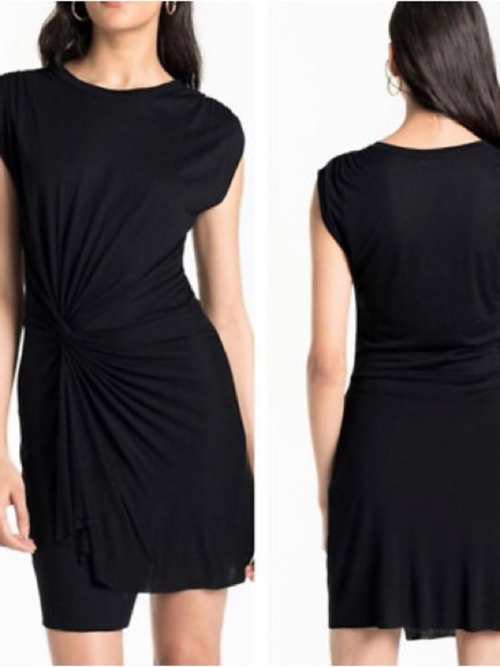 A.L.C. Size M Black Draped Midi Dress Ruched Waist Minimalist Capsule Wardrobe